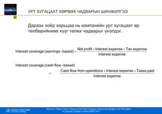 Krishna G. Palepu, Paul M. Healy and Erik Peek, Business Analysis and Valuation: 3rd IFRS Edition
© Copyright Cengage Learning EMEA 2013
УРТ ХУГАЦААТ ХӨРВӨХ ЧАДВАРЫН ШИНЖИЛГЭЭ
Дараах хоёр харьцаа нь компанийн урт хугацаат өр
төлбөрийнхөө хүүг төлөх чадварыг үнэлдэг.
expense
Interest
paid
Taxes
expense
Interest
operations
from
flow
Cash
based)
-
flow
(cash
coverage
Interest
expense
Interest
expense
Tax
expense
Interest
profit
Net
based)
-
(earnings
coverage
Interest






 