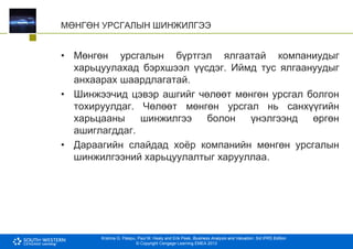 Krishna G. Palepu, Paul M. Healy and Erik Peek, Business Analysis and Valuation: 3rd IFRS Edition
© Copyright Cengage Learning EMEA 2013
МӨНГӨН УРСГАЛЫН ШИНЖИЛГЭЭ
• Мөнгөн урсгалын бүртгэл ялгаатай компаниудыг
харьцуулахад бэрхшээл үүсдэг. Иймд тус ялгаануудыг
анхаарах шаардлагатай.
• Шинжээчид цэвэр ашгийг чөлөөт мөнгөн урсгал болгон
тохируулдаг. Чөлөөт мөнгөн урсгал нь санхүүгийн
харьцааны шинжилгээ болон үнэлгээнд өргөн
ашиглагддаг.
• Дараагийн слайдад хоёр компанийн мөнгөн урсгалын
шинжилгээний харьцуулалтыг харууллаа.
 