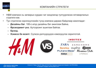 Krishna G. Palepu, Paul M. Healy and Erik Peek, Business Analysis and Valuation: 3rd IFRS Edition
© Copyright Cengage Learning EMEA 2013
КОМПАНИЙН СТРАТЕГИ
• H&M компани нь загварын хурдан чиг хандлагад тулгуурласан ялгаварлалын
стратеги юм.
• Тус стратегиа хэрэгжүүлэхийн тулд компани дараах байдлаар ажилладаг:
– Дизайны баг. 100-с илүү дизайны баг ажиллаж байна.
– Өрсөлдөөнт үнэ. Аутсорсинг ашиглаж байгаа.
– Брэнд.
– Хэмжээ ба өсөлт. Сүлжээ дэлгүүрүүдээ нэмэгдүүлэх зорилготой.
 