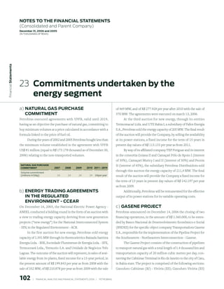 notes to the FinAnCiAl stAtements
                        (Consolidated and Parent Company)
                        december 31, 2006 and 2005
                        (in thousands of Reais)
 Financial statements




                        23 Commitments undertaken by the
                           energy segment
                        a) nAturAl GAs purChAse                                                                  of 469 MW, and of R$ 277.928 per year after 2010 with the sale of
                           Commitment                                                                            570 MW. The agreements were executed on march 13, 2006.
                        Petrobras executed agreements with YPFB, valid until 2019,                                    At the third auction for new energy, through its entities
                        having as an objective the purchase of natural gas, committing to                        Termomacaé Ltda. and UTE Bahia I, a subsidiary of Fafen Energia
                        buy minimum volumes at a price calculated in accordance with a                           S.A., Petrobras sold the energy capacity of 205 MW. The final result
                        formula linked to the price of fuel oil.                                                 of the auction will provide the Company, by selling the availability
                             During the years of 2002 and 2005 Petrobras bought less than                        at its power stations, a fixed income for the term of 15 years in
                        the minimum volume established in the agreement with YPFB                                present day values of R$ 113.133 per year as from 2011.
                        US$ 81 million (equal to R$ 173.178 thousand as of December 30,                                By way of its affiliated company TEP Potiguar and its interest
                        2006) relating to the non-transported volumes.                                           in the consortia Goiana II and Camaçari Pólo de Apoio I (interest
                                                                                                                 of 30%), Camaçari Muricy I and II (interest of 50%) and Pecem
                         NAturAL GAS PurChASe                                                                    II (interest of 45%), the subsidiary Petrobras Distribuidora sold
                         COMMItMeNt                   007       008      009      010 011 - 019
                         Volume commitment
                                                                                                                 through this auction the energy capacity of 211,4 MW. The final
                         (millions m3/day)               24        24         24        24 24/per year           result of the auction will provide the Company a fixed income for
                                                                                                                 the term of 15 years in present day values of R$ 142.197 per year
                                                                                                                 as from 2009.
                        b) enerGy trAdinG AGreements                                                                   Additionally, Petrobras will be remunerated for the effective
                           in the reGulAted                                                                      output of its power stations for its variable operating costs.
                           enVironment - CCeAr
                        On December 16, 2005, the National Electric Power Agency -                               c) GAsene proJeCt
                        ANEEL conducted a bidding round in the form of an auction with                           Petrobras announced on December 14, 2006 the closing of two
                        a view to trading energy capacity deriving from new generation                           financing operations, in the amount of R$ 1.360.000, to be exten-
                        projects (“new energy”) for the National Interconnected System                           ded by Banco Nacional de Desenvolvimento Econômico e Social
                        - SIN, in the Regulated Environment - ACR.                                               (BNDES) for the specific object company Transportadora Gasene
                              In the first auction for new energy, Petrobras sold energy                         S.A., responsible for the implementation of the Pipeline Project for
                        capacity of 1.391 MW through its thermoeletrics Baixada Santista                         the Southeastern - Northeastern Interconnection - Gasene.
                        Energia Ltda. - BSE, Sociedade Fluminense de Energia Ltda. - SFE,                              The Gasene Project consists of the construction of pipelines
                        Termoceará Ltda., Termorio S.A. and Unidade de Negócios Três                             to transport natural gas with a total length of 1.4 thousand km and
                        Lagoas. The outcome of the auction will represent, in sales of avai-                     transportation capacity of 20 million cubic metres per day, con-
                        lable energy from its plants, fixed income for a 15-year period, in                      necting the Cabiúnas Terminal in Rio de Janeiro to the city of Catu,
                        the present amount of R$ 199.843 per year as from 2008 with the                          in Bahia state. The project is comprised of the following sections:
                        sale of 352 MW, of R$ 210.878 per year as from 2009 with the sale                        Gasoduto Cabiúnas (RJ) - Vitória (ES); Gasoduto Vitória (ES)


                        10          |     FINANCIAl ANAlySIS AND FINANCIAl STATEMENTS 2006   |     PETROBRAS 
 
