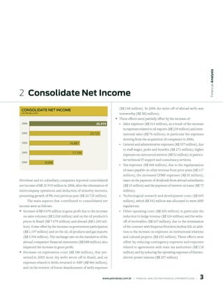 Financial Analysis
2  Consolidate net income
 ConsolidAte net inCome                                                      (R$ 148 million). In 2006 the write-off of abroad wells was
 (in R$ million)                                                             noteworthy (R$ 382 million);
                                                                         ° These effects were partially offset by the increase of:
 2006                                                    5.919            ° Sales expenses (R$ 314 million), as a result of the increase

                                                                                 in expenses related to oil exports (R$ 239 million) and inter-
 2005                                               23.725                       national sales (R$ 76 million), in particular the expenses
                                                                                 deriving from the acquisition of companies in 2006;
 2004                                16.887                                  °   General and administrative expenses (R$ 357 million), due
                                                                                 to staff wages, perks and benefits (R$ 272 million); higher
 2003                                  17.795
                                                                                 expenses on outsourced services (R$ 52 million), in particu-
                                                                                 lar technical IT support and consultancy services;
 2002              8.098
                                                                             °   Tax expenses (R$ 368 million), due to the regularization
                                                                                 of taxes payable on other revenue from prior years (R$ 117
                                                                                 million), the increased CPMF expenses (R$ 35 million),
Petrobras and its subsidiary companies reported consolidated                     taxes on the payment of dividends from abroad subsidiaries
net income of R$ 25.919 million in 2006, after the elimination of                (R$ 15 million) and the payment of interest on loans (R$ 73
intercompany operations and deduction of minority interests,                     million);
presenting growth of 9% over previous year (R$ 23.725 million).              °   Technological research and development costs (R$ 645
     The main aspects that contributed to consolidated net                       million), which R$ 542 million was allocated to meet ANP
income were as follows:                                                          regulations;
° Increase of R$ 4.076 million in gross profit due to the increase           °   Other operating costs (R$ 265 million) in particular the
  on sales volumes (R$ 2.026 million) and on the oil products’s                  reduction to hedge revenue (R$ 324 million) and the write-
  prices in Brazil (R$ 7.479 million) and abroad (R$ 1.240 mil-                  off of receivables (R$ 167 million), due to the termination
  lion). It was offset by the increase on government participation               of the contract with Empresa Petrolera Andina S/A, in addi-
  (R$ 1.197 million) and on the oil, oil products and gas imports                tion to the increase on expenses on institutional relations
  (R$ 3.356 million). The exchange rate on the translation of the                and cultural projects (R$ 255 million). These effects were
  abroad companies’ financial statements (R$ 688 million) also                   offset by reducing contingency expenses and expenses
  impacted the increase in gross profit;                                         related to agreements with state tax authorities (R$ 118
° Decrease on exploration costs (R$ 186 million), that pre-                      million) and by reducing the operating expenses of thermo-
  sented in 2005 more dry wells wrote off in Brazil, and on                      electric power stations (R$ 257 million).
  expenses related to fields returned to ANP (R$ 466 million),
  and on the revision of future abandonment of wells expenses


                                                                                                                                                     
                                                              www.petrobras.com.br    |    FINANCIAl ANAlySIS AND FINANCIAl STATEMENTS 2006    |      
 
