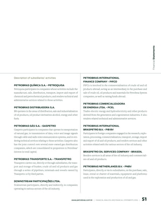 Financial statements
description of subsidiaries’ activities                                     petroBrAs internAtionAl
                                                                            FinAnCe CompAny - piFCo
petroBrAs quÍmiCA s.A. - petroquisA                                         PIFCo is involved in the commercialization of crude oil and oil
Petroquisa participates in companies whose activities include the           products abroad, acting as an intermediary in the purchase and
manufacture, sale, distribution, transport, import and export of            sale of crude oil, oil products and materials for Petrobras System
chemical and petrochemical products, and renders technical and              companies, as well as raising funds abroad.
administrative services related to those activities.
                                                                            petroBrAs ComerCiAlizAdorA
petroBrAs distriBuidorA s.A.                                                de enerGiA ltdA. - pCel
BR operates in the areas of distribution, sale and industrialization        Trades electric energy and hydroelectricity and other products
of oil products, oil product derivatives alcohol, energy and other          derived from the generation and cogeneration industries. It also
fuels.                                                                      renders related technical and administrative services.


petroBrAs GÁs s.A. - GAspetro                                               petroBrAs internAtionAl
Gaspetro participates in companies that operate in transportation           BrAspetro B.V. - piB BV
of natural gas, in transmission of data, voice and image signals            Participates in foreign companies engaged in the research, explo-
through cable and radio telecommunication systems, and in ren-              ration, processing, commercialization, transport, storage, import
dering technical services relating to these activities. Gaspetro also       and export of oil and oil products, and renders services and other
has the joint control over several state-owned gas distribution             activities related with the various sectors of the oil industry.
companies, which are consolidated in proportion to Petrobras’
interest in total capital.                                                  BrAspetro oil serViCes CompAny - BrAsoil
                                                                            Renders services in all areas of the oil industry and commerciali-
petroBrAs trAnsporte s.A. - trAnspetro                                      zes oil and oil products.
Transpetro carries out, directly or through subsidiaries, the trans-
port and storage of bunker, crude oil and oil products and gas              petroBrAs netherlAnds B.V. - pnBV
through a series of pipelines, terminals and vessels owned by               Participates, directly or via its subsidiaries, on the purchase, sale,
Transpetro or by third parties.                                             lease, rental or charter of materials, equipment and platforms
                                                                            used in the exploration and production of oil and gas.
downstreAm pArtiCipAÇÕes ltdA.
Downstrean participates, directly and indirectly, in companies
operating in various sectors of the oil industry.



                                                                                                                                                     51
                                                              www.petrobras.com.br    |    FINANCIAl ANAlySIS AND FINANCIAl STATEMENTS 2006    |      
 
