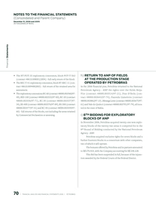 notes to the FinAnCiAl stAtements
                        (Consolidated and Parent Company)
                        december 31, 2006 and 2005
                        (in thousands of Reais)
 Financial statements




                        ° The BT-POT-35 exploratory concession, block POT-T-563                               h) return to Anp oF Fields
                           (contract 48610.008001/2004) - full early return of the block                         At the produCtion stAGe
                        ° The REC-T-41 exploratory concession, block BT-REC-11 (con-                             operAted By petroBrAs
                           tract 48610.0094882003) - full return of the retained area for                     In the 2006 financial year, Petrobras returned to the National
                           assessment.                                                                        Petroleum Agency - ANP the rights over the fields Beija-
                        ° The exploratory concessions BC-60 (contract 48000.003560/97-                        Flor (contract 48000.003514/97-21), Dias D’Ávila (con-
                           49), BES-100 (contract 48000.003535/97-00), BC-20 (contract                        tract 48000.003643/97-74), Fazenda Gameleira (contract
                           48000.003556/97-71), BC-30 (contract 48000.003557/97-                              48000.003882/97-15) , Miranga Leste (contract 48000.003675/97-
                           34), BS-400 (contract 48000.003576/97-89), BS-500 (contract                        61) and Vale do Quiricó (contract 48000.003701/97-79), all loca-
                           48000.003577/97-41) and BC-50 (contract 48000.003559/97-                           ted in the state of Bahia.
                           60) - full returns of the blocks, not including the areas retained
                           by Commercial Declaration or annexing.                                             i) 8th BiddinG For explorAtory
                                                                                                                 BloCKs oF Anp
                                                                                                              In November 2006, Petrobras acquired twenty-one new explo-
                                                                                                              ratory blocks of the twenty-two areas it competed for in the
                                                                                                              8 th Round of Bidding conducted by the National Petroleum
                                                                                                              Agency - ANP.
                                                                                                                  Petrobras acquired exclusive rights for seven blocks and a
                                                                                                              further fourteen blocks in a consortium with other companies,
                                                                                                              two of which it will operate.
                                                                                                                    The bonuses offered by Petrobras and its partners amounted
                                                                                                              to R$ 276.924, with the Company accounting for R$ 248.228.
                                                                                                                    This Bid has been suspended in full, because of the injunc-
                                                                                                              tion awarded by the Federal Courts of the Federal District.




                        70        |     FINANCIAl ANAlySIS AND FINANCIAl STATEMENTS 2006   |     PETROBRAS 
 