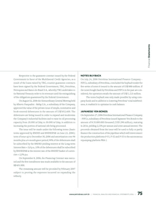 Financial statements
      Respective to the guarantee contract issued by the Federal          notes BuyBACK
Government in favor of the Multilateral Credit Agencies, as a             On July 24, 2006 Petrobras International Finance Company –
result of the loans raised by TBG, counter-guarantee contracts            PIFCo, subsidiary of Petrobras, concluded the buyback tender for
have been signed by the Federal Government, TBG, Petrobras,               five series of notes it issued to the amount of US$ 888 million. If
Petroquisa and Banco do Brasil S.A., whereby TBG undertakes to            the notes bought back by Petrobras and PIFCo in the past are con-
tie National Treasury order to its revenues until the extinguishing       sidered, the operation entails the amount of US$ 1.215 million.
of the obligations guaranteed by the Federal Government.                         The notes buyback was only made possible by using com-
      On August 02, 2006 the Extraordinary General Meeting held           pany funds and in addition to lowering Petrobras’ total indebted-
by Alberto Pasqualini - Refap S.A., a subsidiary of the Company,          ness, it enabled it to optimize its cash balance.
approved the value of the private issue of simple, nominative and
book-entered debentures in the amount of US$ 852.600. The                 JApAnese yen Bonds
debentures are being issued in order to expand and modernize              On September 27, 2006 Petrobras International Finance Company
the Company’s industrial facilities and to raise its oil processing       - PIFCo, subsidiary of Petrobras issued Japanese Yen Bonds to the
capacity from 20.000 m3/day to 30.000 m3/day, in addition to              amount of ¥ 35.000.000 thousand (USD 298 million), maturing
increasing the portion of national oils being processed.                  in 2016, yielding 2,15% per annum and semi-annual interest. The
     The issue will be made under the following terms (basic              proceeds obtained from the issue will be used to fully or partly
terms approved by BNDES and BNDESPAR on June 23, 2006):                   finance the construction of the pipelines which will interconnect
term of issue up to December 30, 2006 and amortization over 96            the production platforms P-51, P-52 and P-53 to the autonomous
months plus a 6-month grace period; 90% of the debentures shall           repumping platform PRA-1.
be subscribed by the BNDES yielding interest at the Long-term
Interest Rate + 3,8 p.a.; 10% of the debentures shall be subscribed
by BNDESPAR at the interest rate of the BNDES’ basket of curren-
cies + 2,3% p.a.
      On September 8, 2006, the Financing Contract was execu-
ted and the first installment was made available in the amount of
R$ 601.000.
      The remaining amount will be provided by February 2007
subject to proving the expenses incurred on expanding the
refinery.




                                                                                                                                                   75
                                                            www.petrobras.com.br    |    FINANCIAl ANAlySIS AND FINANCIAl STATEMENTS 2006    |      
 