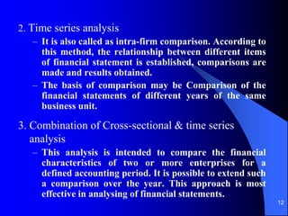 12
2. Time series analysis
– It is also called as intra-firm comparison. According to
this method, the relationship between different items
of financial statement is established, comparisons are
made and results obtained.
– The basis of comparison may be Comparison of the
financial statements of different years of the same
business unit.
3. Combination of Cross-sectional & time series
analysis
– This analysis is intended to compare the financial
characteristics of two or more enterprises for a
defined accounting period. It is possible to extend such
a comparison over the year. This approach is most
effective in analysing of financial statements.
 