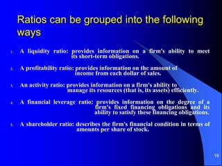 19
Ratios can be grouped into the following
ways
1. A liquidity ratio: provides information on a firm's ability to meet
its short-term obligations.
2. A profitability ratio: provides information on the amount of
income from each dollar of sales.
3. An activity ratio: provides information on a firm's ability to
manage its resources (that is, its assets) efficiently.
4. A financial leverage ratio: provides information on the degree of a
firm's fixed financing obligations and its
ability to satisfy these financing obligations.
5. A shareholder ratio: describes the firm's financial condition in terms of
amounts per share of stock.
 
