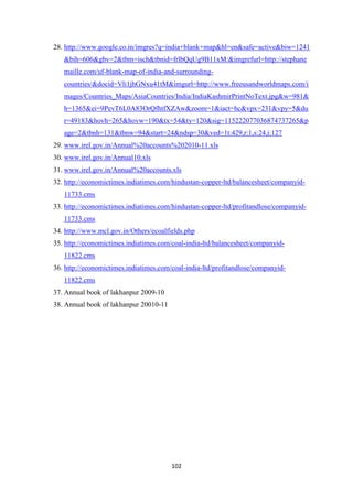 102
28. http://www.google.co.in/imgres?q=india+blank+map&hl=en&safe=active&biw=1241
&bih=606&gbv=2&tbm=isch&tbnid=frlbQqUg9B11xM:&imgrefurl=http://stephane
maille.com/uf-blank-map-of-india-and-surrounding-
countries/&docid=Vli1jhGNxu41tM&imgurl=http://www.freeusandworldmaps.com/i
mages/Countries_Maps/AsiaCountries/India/IndiaKashmirPrintNoText.jpg&w=981&
h=1365&ei=9PevT6L0A83OrQfhtfXZAw&zoom=1&iact=hc&vpx=231&vpy=5&du
r=49183&hovh=265&hovw=190&tx=54&ty=120&sig=115222077036874737265&p
age=2&tbnh=131&tbnw=94&start=24&ndsp=30&ved=1t:429,r:1,s:24,i:127
29. www.irel.gov.in/Annual%20accounts%202010-11.xls
30. www.irel.gov.in/Annual10.xls
31. www.irel.gov.in/Annual%20accounts.xls
32. http://economictimes.indiatimes.com/hindustan-copper-ltd/balancesheet/companyid-
11733.cms
33. http://economictimes.indiatimes.com/hindustan-copper-ltd/profitandlose/companyid-
11733.cms
34. http://www.mcl.gov.in/Others/ecoalfields.php
35. http://economictimes.indiatimes.com/coal-india-ltd/balancesheet/companyid-
11822.cms
36. http://economictimes.indiatimes.com/coal-india-ltd/profitandlose/companyid-
11822.cms
37. Annual book of lakhanpur 2009-10
38. Annual book of lakhanpur 20010-11
 