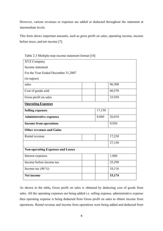 8
However, various revenues or expenses are added or deducted throughout the statement at
intermediate levels.
This form shows important amounts, such as gross profit on sales, operating income, income
before taxes, and net income [7].
Table 2.3 Multiple-step income statement format [10]
XYZ Company
Income statement
For the Year Ended December 31,2007
(in rupees)
sales 96,500
Cost of goods sold 60,570
Gross profit on sales 35,930
Operating Expenses
Selling expenses 17,150
Administrative expenses 8,860 26,010
Income from operations 9,920
Other revenues and Gains
Rental revenue 17,230
27,150
Non-operating Expenses and Losses
Interest expenses 1,860
Income before income tax 25,290
Income tax (40 %) 10,116
Net income 15,174
As shown in the table, Gross profit on sales is obtained by deducting cost of goods from
sales. All the operating expenses are being added i.e. selling expense, administrative expense
then operating expense is being deducted from Gross profit on sales to obtain income from
operations. Rental revenue and income from operations were being added and deducted from
 
