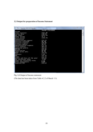 23
3.2 Output for preparation of Income Statement
Fig. 3.2 Output of Income statement
(The data has been taken from Table 4. . of March ‘11)
 
