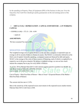 14
by the spending on Property, Plant, & Equipment (PPE) of the business in that year. Over the
long term, Free Cash Flow should give pretty good picture on the real earnings power of the
company.
= EBIT (1-TAX) + DEPRECIATION - CAPITAL EXPENDITURE - Δ IN WORKING
CAPITAL
= 18309M (1-0.40) + 373.15 - 330 - 4199
= 6829.55
ASSUMPTION:
We have assumed Tax rate is 40%.
WEIGHTED AVERAGE COST OF CAPITAL (WACC)
The weighted average cost of capital (WACC) is the rate that a company is expected to pay on
average to all its security holders to finance its assets. The WACC is commonly referred to as the
firm's cost of capital. Generally speaking, a company's assets are financed by debt and equity.
WACC is the average of the costs of these sources of financing, each of which is weighted by its
respective use in the given situation. By taking a weighted average, we can see how much
interest the company has to pay for every dollar it finances.
As of Jun. 2014, Pakistan State Oil Co Ltd's interest expense (positive number) was $0 Mil. Its
total Book Value of Debt (D) is $54795.3775 Mil.
Cost of Debt = 0 / 54795.3775 = 0%.
Cost of Equity = Risk-Free Rate of Return + Beta of Asset * (Expected Return of the Market -
Risk-Free Rate of Return)
The current risk-free rate is 2.19%.
Beta is the sensitivity of the expected excess asset returns to the expected excess market returns.
Pakistan State Oil Co Ltd's beta is 0.00.
 
