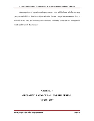 A STUDY ON FINANCIAL PERFORMANCE OF STEEL AUTHORITY OF INDIA LIMITED


       A comparison of operating ratio or expenses ratio will indicate whether the cost

components is high or low in the figure of sales. In case comparison shows that there is

increase in this ratio, the reason for such increase should be found out and management

be advised to check the increase.




                                    Chart No.15

           OPERATING RATIO OF SAIL FOR THE PERIOD

                                    OF 2001-2007




www.projectsformba.blogspot.com                                                Page 79
 