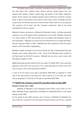 Financial analysis on recession period conducted at mahindra & mahindra tractors