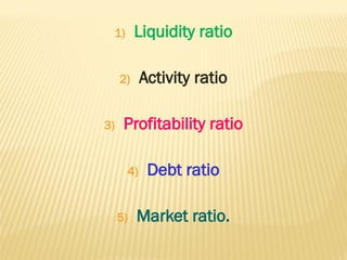 1) Liquidity ratio
2) Activity ratio
3) Profitability ratio
4) Debt ratio
5) Market ratio.
 