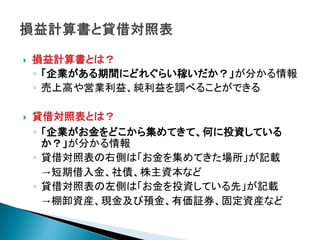    損益計算書とは？
    ◦ 「企業がある期間にどれぐらい稼いだか？」が分かる情報
    ◦ 売上高や営業利益、純利益を調べることができる

   貸借対照表とは？
    ◦ 「企業がお金をどこから集めてきて、何に投資している
      か？」が分かる情報
    ◦ 貸借対照表の右側は「お金を集めてきた場所」が記載
      →短期借入金、社債、株主資本など
    ◦ 貸借対照表の左側は「お金を投資している先」が記載
      →棚卸資産、現金及び預金、有価証券、固定資産など
 
