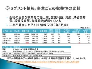    会社の主要な事業毎の売上高、営業利益、資産、減価償却
       費、設備投資額、従業員数が載っている
      三井不動産のセグメント情報（2012年3月期）
                                                                          単位：百万円
                                                  営業 総資産 一人当たり     一人当たり 一人当たり
セグメント名   売上高       営業利益       資産        従業員数
                                                 利益率 回転率   売上高     営業利益     資産
賃貸       436,208   95,699   2,474,790      647     22% 0.2   674      148    3,825
分譲       321,352   15,734     753,266    1,314      5% 0.4   245       12      573
マネジメント   329,101   34,363     240,119    8,475     10% 1.4    39        4       28
三井ホーム    216,838    4,187     113,151    3,446      2% 1.9    63        1       33
その他      105,397    -806      110,231    2,422     -1% 1.0    44       -0       46

セグメント名   事業内容
賃貸       オフィスビルや商業施設等の賃貸
分譲       個人顧客向けのマンション・戸建住宅の分譲及び投資家向けの分譲
マネジメント   プロパティ・マネジメントや仲介・アセットマネジメント等
三井ホーム    新築事業、リフォーム・リニューアル事業
   ※三井不動産のデータ取得場所→2012年3月期有価証券報告書の12、100ページ。
   http://www.mitsuifudosan.co.jp/corporate/ir/library/fs/pdf/YUHO_1203.pdf
 