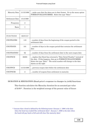 Financial Analysis using Excel




 Maturity Date       11/15/1999   …make sure that the dates are in date format. Go to the menu option
                                  FORMAT/CELLS/NUMBER. Select the type “Date.”

Settlement Date      3/14/1999

     Frequency           2

             Basis       1




FUNCTIONS            RESULT

COUPDAYBS               119       ...number of days from the beginning of the coupon period to the
                                  settlement date

COUPDAYS                181       ...number of days in the coupon period that contains the settlement
                                  date

COUPDAYSNC               62       ...number of days from the settlement date to the next coupon date

COUPNCD                36295      …implies that Excel has returned a “Date Serial Number” instead of
                                  the date. If this happens, then go to FORMAT/CELLS/NUMBER.
                                  Select the type “Date.” The serial number will change to the date
                                  shown on the right

COUPPCD              11/15/1998   …previous coupon date before the settlement date

COUPNUM                  2        …number of coupons from settlement to maturity




 DURATION & MDURATION (Bond price’s response to changes in yield) functions

            This function calculates the Macaulay duration for an assumed par value
            of $10016. Duration is the weighted average of the present value of future




       16   Assume that a bond is defined by the following terms: January 1, 1998 is the date
             when the bond was traded (the settlement date). January 1, 2006 is the date when
             the bond will pay back in full and will close (the maturity date)



                                                                                                130
 