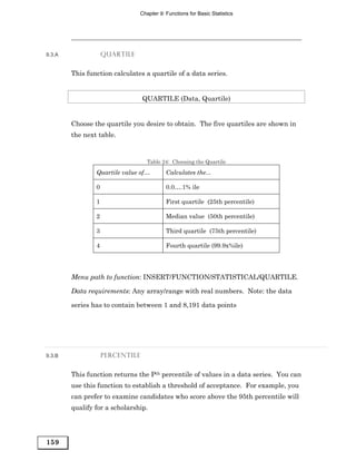 Chapter 9: Functions for Basic Statistics




9.3.A               QUARTILE


        This function calculates a quartile of a data series.


                                 QUARTILE (Data, Quartile)


        Choose the quartile you desire to obtain. The five quartiles are shown in
        the next table.


                                  Table 24: Choosing the Quartile

                Quartile value of…        Calculates the...

                0                         0.0….1% ile

                1                         First quartile (25th percentile)

                2                         Median value (50th percentile)

                3                         Third quartile (75th percentile)

                4                         Fourth quartile (99.9x%ile)




        Menu path to function: INSERT/FUNCTION/STATISTICAL/QUARTILE.

        Data requirements: Any array/range with real numbers. Note: the data

        series has to contain between 1 and 8,191 data points




9.3.B               PERCENTILE


        This function returns the Pth percentile of values in a data series. You can
        use this function to establish a threshold of acceptance. For example, you
        can prefer to examine candidates who score above the 95th percentile will
        qualify for a scholarship.




159
 