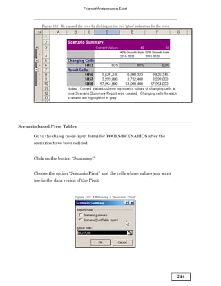 Financial Analysis using Excel




           Figure 181: Re-expand the rows by clicking on the two “plus” indicators for the rows




Scenario-based Pivot Tables

       Go to the dialog (user-input form) for TOOLS/SCENARIOS after the
       scenarios have been defined.


       Click on the button “Summary.”


       Choose the option “Scenario Pivot” and the cells whose values you want
       use in the data region of the Pivot.


                                Figure 182: Obtaining a “Scenario Pivot”




                                                                                                  244
 