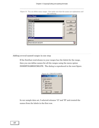 Chapter 2: Copying/Cutting and pasting formulae




       Figure 31: You can define many ranges. Just make sure that the names are explanatory and
                                            not confusing.




Adding several named ranges in one step

       If the first/last row/column in your ranges has the labels for the range,
       then you can define names for all the ranges using the menu option
       INSERT/NAMES/CREATE. The dialog is reproduced in the next figure.


                                     Figure 32: CREATE NAMES




       In our sample data set, I selected columns “A” and “B” and created the
       names from the labels in the first row.




47
 