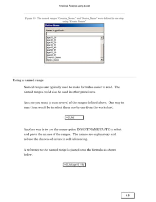 Financial Analysis using Excel




       Figure 33: The named ranges “Country_Name,” and “Series_Name” were defined in one step
                                       using “Create Names”




Using a named range

      Named ranges are typically used to make formulas easier to read. The
      named ranges could also be used in other procedures


      Assume you want to sum several of the ranges defined above. One way to
      sum them would be to select them one-by-one from the worksheet.




      Another way is to use the menu option INSERT/NAME/PASTE to select
      and paste the names of the ranges. The names are explanatory and
      reduce the chances of errors in cell referencing.


      A reference to the named range is pasted onto the formula as shown
      below.




                                                                                                48
 