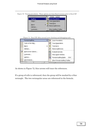 Financial Analysis using Excel




  Figure 70: Tracing precedents. These options are from Excel versions prior to Excel XP.




          Figure 71: Excel XP offers several error-checking and debugging tools.




As shown in Figure 72, blue arrows will trace the references.


If a group of cells is referenced, then the group will be marked by a blue
rectangle. The two rectangular areas are referenced in the formula.




                                                                                            78
 