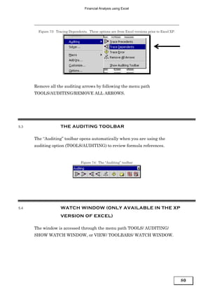 Financial Analysis using Excel




        Figure 73: Tracing Dependents. These options are from Excel versions prior to Excel XP.




      Remove all the auditing arrows by following the menu path
      TOOLS/AUDITING/REMOVE ALL ARROWS.




5.3                   THE AUDITING TOOLBAR

      The “Auditing” toolbar opens automatically when you are using the
      auditing option (TOOLS/AUDITING) to review formula references.


                                  Figure 74: The “Auditing” toolbar




5.4                   WATCH WINDOW (ONLY AVAILABLE IN THE XP
                      VERSION OF EXCEL)

      The window is accessed through the menu path TOOLS/ AUDITING/
      SHOW WATCH WINDOW, or VIEW/ TOOLBARS/ WATCH WINDOW.




                                                                                                  80
 
