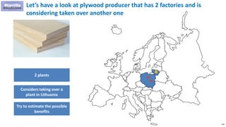120
Let’s have a look at plywood producer that has 2 factories and is
considering taken over another one
2 plants
Considers taking over a
plant in Lithuania
Try to estimate the possible
benefits
 