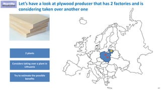 122
Let’s have a look at plywood producer that has 2 factories and is
considering taken over another one
2 plants
Considers taking over a plant in
Lithuania
Try to estimate the possible
benefits
 