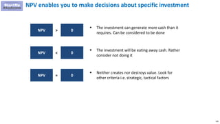 139
NPV enables you to make decisions about specific investment
NPV 0>
 The investment can generate more cash than it
requires. Can be considered to be done
NPV 0<
 The investment will be eating away cash. Rather
consider not doing it
NPV 0=
 Neither creates nor destroys value. Look for
other criteria i.e. strategic, tactical factors
 