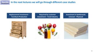 150
In the next lectures we will go through different case studies
Replacement Investment –
Furniture Production
Required by customer
investment – Food Industry
Investment in bottlenecks
removal – Plywood
 