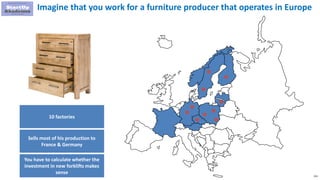 153
Imagine that you work for a furniture producer that operates in Europe
10 factories
Sells most of his production to
France & Germany
You have to calculate whether the
investment in new forklifts makes
sense
 