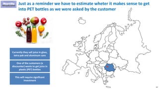 160
Just as a reminder we have to estimate wheter it makes sense to get
into PET bottles as we were asked by the customer
Currently they sell juice in glass,
tetra pak and aluminum cans
One of the customers (a
discounter) wants to get juice in
plastic (PET) bottles
This will require significant
investment
 
