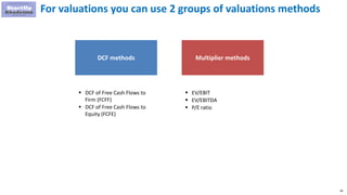 99
For valuations you can use 2 groups of valuations methods
DCF methods
 DCF of Free Cash Flows to
Firm (FCFF)
 DCF of Free Cash Flows to
Equity (FCFE)
Multiplier methods
 EV/EBIT
 EV/EBITDA
 P/E ratio
 