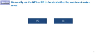 149
We usually use the NPV or IRR to decide whether the investment makes
sense
NPV IRR
 