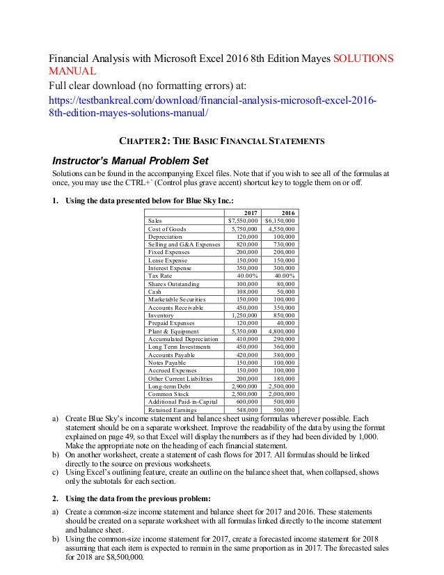 Financial Analysis With Microsoft Excel 2016 8th Edition Mayes Soluti