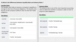 4) What is the Differences between Liquidity Ratio and Solvency Ratio ?
Liquidity Ratio
The liquidity ratio helps to measure a company’s capability to
manage its short term financial obligations. The liquidity ratio
focuses on the company’s ability to clear its short term debt
obligations.
Key Ratios:
Solvency Ratio
The solvency ratio is one of the most important accounting
ratios to determine whether a company is able to meet its
long term debt obligations.
Key Ratios:
 