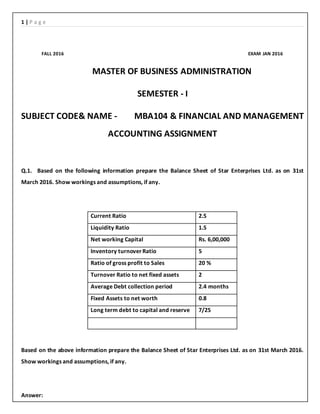 1 | P a g e
FALL 2016 EXAM JAN 2016
MASTER OF BUSINESS ADMINISTRATION
SEMESTER - I
SUBJECT CODE& NAME - MBA104 & FINANCIAL AND MANAGEMENT
ACCOUNTING ASSIGNMENT
Q.1. Based on the following information prepare the Balance Sheet of Star Enterprises Ltd. as on 31st
March 2016. Show workings and assumptions, if any.
Current Ratio 2.5
Liquidity Ratio 1.5
Net working Capital Rs. 6,00,000
Inventory turnoverRatio 5
Ratio of gross profit to Sales 20 %
Turnover Ratio to net fixed assets 2
Average Debt collection period 2.4 months
Fixed Assets to net worth 0.8
Long term debt to capital and reserve 7/25
Based on the above information prepare the Balance Sheet of Star Enterprises Ltd. as on 31st March 2016.
Show workings and assumptions, if any.
Answer:
 