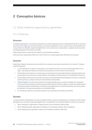 2 Conceptos básicos 
2.1 Datos maestros organizativos y generales 
2.1.1 Empresa 
Resumen 
En Gestión organizativa, una empresa representa una unidad organizativa que es independiente desde un punto de 
vista financiero y legal, que no está vinculada a una posición geográfica y que se rige por leyes empresariales. Esto 
incluye todas las entidades registradas legalmente, como asociaciones, cooperativas o cualquier persona jurídica 
que haga declaraciones financieras anuales. 
Cada empresa tiene un país oficial de registro y una moneda por defecto. 
Cada estructura organizativa debe tener como mínimo una unidad organizativa definida como empresa. 
Directriz 
Especifique todas las empresas que sean parte de su empresa y que quiere representar en su solución. Tenga en 
cuenta lo siguiente: 
● Le recomendamos no definir una empresa y una residencia fiscal en la misma unidad organizativa. En su 
lugar, cree todas las residencias fiscales de una empresa en el nivel inferior de la empresa. 
● Puede seleccionar disponer sus empresas en una jerarquía que represente todas las relaciones jerárquicas, 
por ejemplo, la estructura de un grupo afiliado. Sin embargo, no tiene efecto en la consolidación financiera. 
● Puede añadir la abreviación de una forma jurídica en el campo Nombre de la empresa. El nombre, incluyendo 
la forma jurídica, se utiliza en todos los documentos empresariales. 
● El País de registro se utiliza para proponer la moneda estándar para un sistema contable y la moneda de 
informe para una empresa en el área empresarial de finanzas. El país de registro y el país de la sede fiscal de 
la empresa pueden ser diferentes si la empresa está registrada en un país diferente bajo una forma jurídica, 
por ejemplo, una empresa europea y una sociedad limitada. 
● La moneda por defecto se utiliza para proponer la moneda para los pedidos y contratos. 
Ejemplo 
La empresa Akron Heating tiene sus sede en Estados Unidos y tiene dos subsidiarias en Canadá y en India. Ambas 
subsidiarias son empresas registradas legalmente. Las siguientes tres empresas deberían crearse en la solución: 
● Akron Heating US, registrada en Estados Unidos con la moneda por defecto dólar. 
● Akron Heating Canadá, registrada en Canadá con la moneda por defecto dólar canadiense. 
● Akron Heating India, registrada en India con la moneda por defecto rupia india. 
10 © 2014 SAP AG. Reservados todos los derechos. • P U B L I C 
SAP Business ByDesign, febrero de 2014 
Conceptos básicos 
 