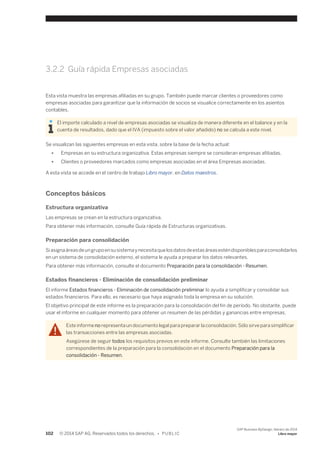 3.2.2 Guía rápida Empresas asociadas 
Esta vista muestra las empresas afiliadas en su grupo. También puede marcar clientes o proveedores como 
empresas asociadas para garantizar que la información de socios se visualice correctamente en los asientos 
contables. 
El importe calculado a nivel de empresas asociadas se visualiza de manera diferente en el balance y en la 
cuenta de resultados, dado que el IVA (impuesto sobre el valor añadido) no se calcula a este nivel. 
Se visualizan las siguientes empresas en esta vista, sobre la base de la fecha actual: 
● Empresas en su estructura organizativa. Estas empresas siempre se consideran empresas afiliadas. 
● Clientes o proveedores marcados como empresas asociadas en el área Empresas asociadas. 
A esta vista se accede en el centro de trabajo Libro mayor, en Datos maestros. 
Conceptos básicos 
Estructura organizativa 
Las empresas se crean en la estructura organizativa. 
Para obtener más información, consulte Guía rápida de Estructuras organizativas. 
Preparación para consolidación 
Si asigna áreas de un grupo en su sistema y necesita que los datos de estas áreas estén disponibles para consolidarlos 
en un sistema de consolidación externo, el sistema le ayuda a preparar los datos relevantes. 
Para obtener más información, consulte el documento Preparación para la consolidación - Resumen. 
Estados financieros - Eliminación de consolidación preliminar 
El informe Estados financieros - Eliminación de consolidación preliminar lo ayuda a simplificar y consolidar sus 
estados financieros. Para ello, es necesario que haya asignado toda la empresa en su solución. 
El objetivo principal de este informe es la preparación para la consolidación del fin de período. No obstante, puede 
usar el informe en cualquier momento para obtener un resumen de las pérdidas y ganancias entre empresas. 
Este informe no representa un documento legal para preparar la consolidación. Sólo sirve para simplificar 
las transacciones entre las empresas asociadas. 
Asegúrese de seguir todos los requisitos previos en este informe. Consulte también las limitaciones 
correspondientes de la preparación para la consolidación en el documento Preparación para la 
consolidación - Resumen. 
102 © 2014 SAP AG. Reservados todos los derechos. • P U B L I C 
SAP Business ByDesign, febrero de 2014 
Libro mayor 
 