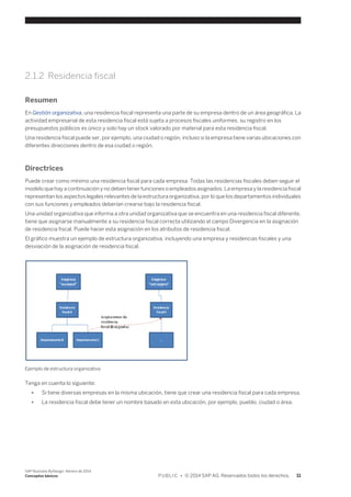 2.1.2 Residencia fiscal 
Resumen 
En Gestión organizativa, una residencia fiscal representa una parte de su empresa dentro de un área geográfica. La 
actividad empresarial de esta residencia fiscal está sujeta a procesos fiscales uniformes, su registro en los 
presupuestos públicos es único y solo hay un stock valorado por material para esta residencia fiscal. 
Una residencia fiscal puede ser, por ejemplo, una ciudad o región, incluso si la empresa tiene varias ubicaciones con 
diferentes direcciones dentro de esa ciudad o región. 
Directrices 
Puede crear como mínimo una residencia fiscal para cada empresa. Todas las residencias fiscales deben seguir el 
modelo que hay a continuación y no deben tener funciones o empleados asignados. La empresa y la residencia fiscal 
representan los aspectos legales relevantes de la estructura organizativa, por lo que los departamentos individuales 
con sus funciones y empleados deberían crearse bajo la residencia fiscal. 
Una unidad organizativa que informa a otra unidad organizativa que se encuentra en una residencia fiscal diferente, 
tiene que asignarse manualmente a su residencia fiscal correcta utilizando el campo Divergencia en la asignación 
de residencia fiscal. Puede hacer esta asignación en los atributos de residencia fiscal. 
El gráfico muestra un ejemplo de estructura organizativa, incluyendo una empresa y residencias fiscales y una 
desviación de la asignación de residencia fiscal. 
Ejemplo de estructura organizativa 
Tenga en cuenta lo siguiente: 
● Si tiene diversas empresas en la misma ubicación, tiene que crear una residencia fiscal para cada empresa. 
● La residencia fiscal debe tener un nombre basado en esta ubicación, por ejemplo, pueblo, ciudad o área. 
SAP Business ByDesign, febrero de 2014 
Conceptos básicos P U B L I C • © 2014 SAP AG. Reservados todos los derechos. 11 
 