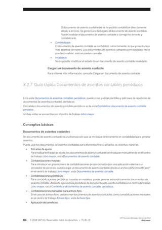 El documento de asiento contable no se ha podido contabilizar directamente 
debido a errores. Se generó una tarea para el documento de asiento contable. 
Puede invalidar el documento de asiento contable o corregir los errores y 
contabilizarlo. 
● Contabilizado 
El documento de asiento contable se contabilizó correctamente, lo que generó uno o 
más asientos contables. Los documentos de asientos contables contabilizados no se 
pueden invalidar; solo se pueden cancelar. 
● Invalidado 
No es posible modificar el estado de un documento de asiento contable invalidado. 
Cargar un documento de asiento contable 
Para obtener más información, consulte Cargar un documento de asiento contable. 
3.2.7 Guía rápida Documentos de asientos contables periódicos 
En la vista Documentos de asientos contables periódicos, puede crear y editar plantillas y patrones de repetición de 
documentos de asientos contables periódicos. 
Contabilice documentos de asiento contable periódicos en la vista Contabilizar documento de asiento contable 
periódico . 
Ambas vistas se encuentran en el centro de trabajo Libro mayor. 
Conceptos básicos 
Documentos de asientos contables 
Un documento de asiento contable es una transacción que se introduce directamente en contabilidad para generar 
asientos. 
Puede usar los documentos de asientos contables para diferentes fines y crearlos de distintas maneras: 
● Entradas de ajuste 
Para realizar entradas de ajuste, los documentos de asiento contable se introducen manualmente en el centro 
de trabajo Libro mayor, vista Documentos de asiento contable. 
● Contabilizaciones masivas 
Para introducir un gran número de contabilizaciones proporcionadas por una aplicación externa o un 
proveedor de servicios, puede cargar un documento de asiento contable desde un archivo de Microsoft Excel® 
en el centro de trabajo Libro mayor, vista Documentos de asiento contable. 
● Contabilizaciones periódicas 
Para contabilizaciones periódicas basadas en modelos, puede generar automáticamente documentos de 
asiento contable utilizando ejecuciones periódicas de documentos de asiento contable en el centro de trabajo 
Libro mayor, vista Contabilizar documentos de asiento contable periódicos. 
● Contabilizaciones manuales para activos fijos 
En el caso de activos fijos, puede crear documentos de asientos contables como contabilizaciones manuales 
en el centro de trabajo Activos fijos, vista Activos fijos. 
● Aplicación de beneficios 
116 © 2014 SAP AG. Reservados todos los derechos. • P U B L I C 
SAP Business ByDesign, febrero de 2014 
Libro mayor 
 