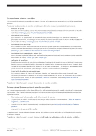 Documentos de asientos contables 
Un documento de asiento contable es una transacción que se introduce directamente en contabilidad para generar 
asientos. 
Puede usar los documentos de asientos contables para diferentes fines y crearlos de distintas maneras: 
● Entradas de ajuste 
Para realizar entradas de ajuste, los documentos de asiento contable se introducen manualmente en el centro 
de trabajo Libro mayor, vista Documentos de asiento contable. 
● Contabilizaciones masivas 
Para introducir un gran número de contabilizaciones proporcionadas por una aplicación externa o un 
proveedor de servicios, puede cargar un documento de asiento contable desde un archivo de Microsoft Excel® 
en el centro de trabajo Libro mayor, vista Documentos de asiento contable. 
● Contabilizaciones periódicas 
Para contabilizaciones periódicas basadas en modelos, puede generar automáticamente documentos de 
asiento contable utilizando ejecuciones periódicas de documentos de asiento contable en el centro de trabajo 
Libro mayor, vista Contabilizar documentos de asiento contable periódicos. 
● Contabilizaciones manuales para activos fijos 
En el caso de activos fijos, puede crear documentos de asientos contables como contabilizaciones manuales 
en el centro de trabajo Activos fijos, vista Activos fijos. 
● Aplicación de beneficios 
Puede usar documentos de asientos contables para la aplicación de beneficios, que es la última transferencia 
llevada a cabo de forma manual para el proceso de ingresos netos anuales. se contabilizan los ingresos netos 
anuales de la cuenta de aplicación de beneficios en las cuentas relevantes. Los beneficios del balance pueden 
darse en forma de provisiones, capital propio o distribución de beneficios, por ejemplo. 
● Importación de saldos de cuentas de mayor 
Para importar saldos de cuenta de mayor a la solución SAP durante la implementación, puede crear 
documentos de asientos contables en la configuración empresarial de la Lista de actividades de su proyecto 
de implementación, dentro de la etapa Integrar y ampliar, mediante la actividadMigración de datos de 
operación de contabilidad. 
Para obtener más información, consulte Documentos de asientos contables. 
Entrada manual de documentos de asientos contables 
Las transacciones especiales están disponibles en las aplicaciones de ejecución para la mayoría de transacciones 
comerciales. Estas transacciones generan automáticamente asientos contables y asignaciones de cuenta en los 
siguientes objetos: 
● Cuentas de mayor seleccionadas por la determinación de cuentas 
● Asignaciones de cuenta adicionales del libro mayor seleccionadas automáticamente: Centro de beneficio, 
Segmento y Área funcional 
● Asignaciones de cuenta adicionales de la contabilidad de costes: Centro de coste o Proyecto/Tarea de 
proyecto 
● Asignaciones de cuenta de libro auxiliar 
En algunos casos, puede que sea necesario ajustar las contabilizaciones automáticas introduciendo documentos 
de asiento contable. 
Para obtener más información, consulte el documento Entrada manual de documentos de asientos contables. 
SAP Business ByDesign, febrero de 2014 
Libro mayor P U B L I C • © 2014 SAP AG. Reservados todos los derechos. 119 
 