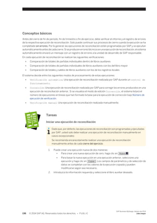 Conceptos básicos 
Antes del cierre de fin de período, fin de trimestre o fin de ejercicio, debe verificar el informe y el registro de errores 
de la respectiva ejecución de reconciliación. Solo puede continuar sus procesos de cierre cuando la ejecución se ha 
completado sin errores. Por lo general, las ejecuciones de reconciliación están programadas por SAP y se ejecutan 
automáticamente antes de cada cierre. Si se producen errores técnicos en una ejecución de reconciliación, el sistema 
automáticamente enviará un mensaje con un registro de errores a la unidad de desarrollo de SAP responsable. 
En cada ejecución de reconciliación se realizan las siguientes verificaciones: 
● Comparación de totales de partidas individuales dentro de libros auxiliares 
● Comparación de totales de partidas individuales de libros auxiliares con los del libro mayor 
● Comparación de totales y saldos de libros auxiliares con los de los registros locales 
El sistema decide entre los siguientes modos de procesamiento de estas ejecuciones: 
● Verificación automática: Una ejecución de reconciliación realizada por SAP durante un control de 
funcionamiento. 
● Corrección: Una ejecución de reconciliación realizada por SAP para corregir los errores producidos en una 
ejecución de reconciliación anterior. Si se visualiza el modo de edición Corrección, el sistema listará el 
número de ejecuciones erróneas que han formado la base para la ejecución de corrección bajo Número de 
ejecución de verificación. 
● Verificación manual: Una ejecución de reconciliación realizada manualmente. 
Tareas 
Iniciar una ejecución de reconciliación 
Dado que, por defecto, las ejecuciones de reconciliación son programadas y ejecutadas 
por SAP, usted solo debe realizar una ejecución de reconciliación manualmente en 
casos excepcionales: 
Se recomienda encarecidamente realizar una ejecución de reconciliación 
manualmente antes de cada cierre del ejercicio. 
1. Puede crear una ejecución nueva de dos maneras: 
● Para crear una nueva ejecución de cero, haga clic en Nuevo . 
● Para basar la nueva ejecución en una ejecución anterior, seleccione una 
ejecución y haga clic en Copiar . Los campos de parámetros y de selección de 
datos se completan con los valores de la ejecución copiada y pueden 
modificarse según sea necesario. 
2. Introduzca la información requerida y seleccione el libro auxiliar deseado. 
136 © 2014 SAP AG. Reservados todos los derechos. • P U B L I C 
SAP Business ByDesign, febrero de 2014 
Libro mayor 
 