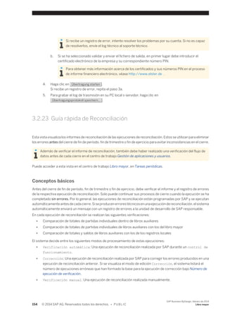 Si recibe un registro de error, intente resolver los problemas por su cuenta. Si no es capaz 
de resolverlos, envíe el log técnico al soporte técnico. 
b. Si se ha seleccionado validar y enviar el fichero de salida, en primer lugar debe introducir el 
certificado electrónico de la empresa y su correspondiente número PIN. 
Para obtener más información acerca de los certificados y sus números PIN en el proceso 
de informe financiero electrónico, véase http://www.elster.de . 
4. Haga clic en Übertragung starten . 
Si recibe un registro de error, repita el paso 3a. 
5. Para grabar el log de trasmisión en su PC local o servidor, haga clic en 
Übertragungsprotokoll speichern... . 
3.2.23 Guía rápida de Reconciliación 
Esta vista visualiza los informes de reconciliación de las ejecuciones de reconciliación. Estos se utilizan para eliminar 
los errores antes del cierre de fin de período, fin de trimestre o fin de ejercicio para evitar inconsistencias en el cierre. 
Además de verificar el informe de reconciliación, también debe haber realizado una verificación del flujo de 
datos antes de cada cierre en el centro de trabajo Gestión de aplicaciones y usuarios. 
Puede acceder a esta vista en el centro de trabajo Libro mayor, en Tareas periódicas. 
Conceptos básicos 
Antes del cierre de fin de período, fin de trimestre o fin de ejercicio, debe verificar el informe y el registro de errores 
de la respectiva ejecución de reconciliación. Solo puede continuar sus procesos de cierre cuando la ejecución se ha 
completado sin errores. Por lo general, las ejecuciones de reconciliación están programadas por SAP y se ejecutan 
automáticamente antes de cada cierre. Si se producen errores técnicos en una ejecución de reconciliación, el sistema 
automáticamente enviará un mensaje con un registro de errores a la unidad de desarrollo de SAP responsable. 
En cada ejecución de reconciliación se realizan las siguientes verificaciones: 
● Comparación de totales de partidas individuales dentro de libros auxiliares 
● Comparación de totales de partidas individuales de libros auxiliares con los del libro mayor 
● Comparación de totales y saldos de libros auxiliares con los de los registros locales 
El sistema decide entre los siguientes modos de procesamiento de estas ejecuciones: 
● Verificación automática: Una ejecución de reconciliación realizada por SAP durante un control de 
funcionamiento. 
● Corrección: Una ejecución de reconciliación realizada por SAP para corregir los errores producidos en una 
ejecución de reconciliación anterior. Si se visualiza el modo de edición Corrección, el sistema listará el 
número de ejecuciones erróneas que han formado la base para la ejecución de corrección bajo Número de 
ejecución de verificación. 
● Verificación manual: Una ejecución de reconciliación realizada manualmente. 
154 © 2014 SAP AG. Reservados todos los derechos. • P U B L I C 
SAP Business ByDesign, febrero de 2014 
Libro mayor 
 