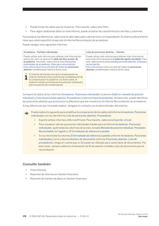 ● Puede limitar los datos que se muestran. Para hacerlo, seleccione Filtro. 
● Para seguir analizando datos en este informe, puede arrastrar las características a las filas y columnas. 
Para analizar las diferencias, seleccione el valor adecuado y abra el menú correspondiente. El sistema utiliza la fecha 
clave que usted especificó al ejecutar el informe Reconciliación de acreedores. 
Puede navegar a los siguientes informes: 
Acreedores - Partidas individuales Lista de posiciones abiertas – Clientes 
Puede utilizar este informe para obtener más información 
acerca de cómo se alcanzó el saldo del libro auxiliar de 
acreedores. Para esto, seleccione la vista Posiciones 
individuales de acreedores: Vista para reconciliación. 
Esta vista proporciona una lista de todas las posicionas 
abiertas contabilizadas hasta la fecha clave. 
Si la fecha de transacción de la compensación es 
anterior a la fecha clave y la fecha de contabilización de 
la compensación es posterior a la fecha clave, el 
sistema muestra una línea para la posición individual y 
para la posición de compensación. 
Puede utilizar este informe para obtener más información 
acerca de cómo se alcanzó el saldo del registro de débito. Para 
esto, seleccione la vista Lista de posiciones abiertas: Vista para 
reconciliación. 
Esta vista proporciona una lista de todas las posicionas 
abiertas contabilizadas hasta la fecha clave. 
Compare los datos de los informes Acreedores: Posiciones individuales (columna Saldo en moneda de posición 
individual) y Lista de posicionas abiertas: Proveedores (columna Importe pendiente). Al hacer esto, puede identificar 
las posicionas abiertas que provocaron la diferencia que ese muestra en el informe Reconciliación de acreedores. 
Si hay diferencias que no puede explicar, póngase en contacto con el administrador del sistema. 
Puede realizar lo siguiente para simplificar la comparación de los saldos del informe Acreedores: Posiciones 
individuales con los del informe Lista de posiciones abiertas: Proveedores: 
● Exporte ambos informes a Microsoft Excel. Para hacerlo, seleccione Exportar a Excel. 
● Para visualizar sólo las posiciones individuales totales para el informe Acreedores: Posiciones 
individuales, quite todas las columnas de la vista, excepto Moneda de posición individual, Proveedor, 
Reconciliable con registro y ID formateado de referencia a pedido. 
● Si va a reconciliar la columna ID formateado de referencia a pedido (informe Acreedores: Posiciones 
individuales) con la columna Número de documento (informe Posiciones abiertas: Lista de 
proveedores), tenga en cuenta que un ID puede ser utilizado para varios tipos de documentos. Por 
esta razón, siempre utilice la combinación de ID de asiento contable y tipo de documento para la 
reconciliación. 
Consulte también 
● Vista Informes 
● Resumen de informes en Gestión financiera 
● Resumen de fuentes de datos en Gestión financiera 
178 © 2014 SAP AG. Reservados todos los derechos. • P U B L I C 
SAP Business ByDesign, febrero de 2014 
Libro mayor 
 