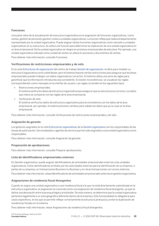 Funciones 
Una parte clave de la actualización de estructura organizativa es la asignación de funciones organizativas, como 
ventas, gestión de personal y gestión costes a unidades organizativas. La función refleja qué realiza el departamento 
representado por la unidad organizativa. Puede asignar tantas funciones organizativas como necesite a unidades 
organizativas en su estructura. Se utiliza una función para determinar la implicación de una unidad organizativa en 
un área empresarial. Dicha unidad organizativa se integra en procesos empresariales de esta área. Por ejemplo, una 
unidad organizativa indicada como unidad de ventas se utiliza en procesos y documentos de ventas. 
Para obtener más información, consulte Funciones. 
Verificaciones de restricciones empresariales y de veto 
En la vista Estructuras de organización del centro de trabajo Gestión de organización, es libre para modelar su 
estructura organizativa como usted desee, pero el sistema impone ciertas restricciones para asegurar que las áreas 
empresariales puedan trabajar con datos organizativos correctos. El sistema utiliza una serie de reglas para 
garantizar que la información introducida sea consistente. Si existen incosistencias, se visualizan las reglas 
correspondientes como mensajes en la interfaz de usuario. Las reglas se dividen en los siguientes tipos: 
● Restricciones empresariales 
El sistema verifica los datos de estructura organizativa para asegurar que su estructura es correcta. Los datos 
que indica se comparan con las reglas de la área empresarial. 
● Verificación de veto 
El sistema verifica los datos de estructura organizativa para la consistencia con los datos de la área 
empresarial, por ejemplo, el sistema previene cambios para validar los datos que ya se usan en la área 
empresarial. 
Para obtener más información, consulte Verificaciones de restricciones empresariales y de veto. 
Asignación de gerente 
Los gestores asignados en la vista Estructuras organizativas de la Gestión organizativa son los responsables de las 
tareas de autorización. Son empleados o agentes de servicio que han sido asignados a una unidad organizativa como 
responsables. 
Para obtener más información, consulte Asignación de gerente. 
Preparación de aprobaciones 
Para obtener más información, consulte Preparar aprobaciones. 
Lista de identificadores empresariales externos 
En Gestión organizativa, puede asignar identificadores de actividades empresariales externas a las unidades 
organizativas. Estos identificadores emitidos por las autoridades externas para la identificación de su empresa, o 
partes de su empresa, en transacciones Business-to-Business y en otras transacciones con socios externos. 
Para obtener más información, véase Identificadores de actividades empresariales externas en gestión organizativa. 
Asignaciones de residencia fiscal divergentes 
Cuando se asigna una unidad organizativa a una residencia fiscal a la que no está directamente subordinada en la 
estructura organizativa, la asignación es conocida como una asignación de residencia fiscal divergente, ya que se 
define una desviación entre la jerarquía legal y la estándar. De esta manera, se determina que la unidad organizativa 
pertenece legalmente a un área geográfica diferente dentro de la empresa. Esta funcionalidad es obligatoria para 
casos específicos, en los que se permite reflejar correctamente la estructura jerárquica y evitar la duplicación de 
residencias fiscales en el sistema. 
Para obtener más información, véase Asignaciones de residencia fiscal divergentes. 
SAP Business ByDesign, febrero de 2014 
Conceptos básicos P U B L I C • © 2014 SAP AG. Reservados todos los derechos. 19 
 
