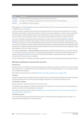 Estado Descripción 
Asignado El material individual está asignado al activo fijo, pero no tiene valores. 
Adquirido Se realiza una contabilización de adquisición o de transferencia para el material individual. 
Retirado Se contabiliza una venta o desguace. 
Puede gestionar un ID de inventario para cada material individual. Este ID se utiliza para identificar de forma única 
un objeto físico en un inventario. 
Los ID de inventario utilizados en la transferencia de datos existentes son de particular importancia: Los activos 
existentes se administran a través de un número concreto en el sistema original y, en muchos casos, se etiquetan 
con esos números. Para simplificar el proceso de búsqueda de los activos existentes en el nuevo sistema, es 
necesario copiar el ID de inventario anterior en el campo correspondiente al transferir los datos existentes. 
Los nuevos materiales individuales pueden identificarse de manera única utilizando el Número de material 
individual. No obstante, también puede asignar un ID de inventario diferente manualmente. Especifique el ID de 
inventario por primera vez al crear el material individual, por ejemplo, al introducir una factura de proveedor o crear 
el activo fijo manualmente. También puede introducir posteriormente un ID de inventario para un material individual, 
por ejemplo, si el material individual se creó automáticamente en el proceso de aprovisionamiento integrado y usted 
desea asignarle un ID de inventario adicional. 
En el informe Activos fijos – Lista de inventario, puede especificar el ID de inventario como un criterio de selección 
y, a continuación, buscar un activo fijo o un material individual específico. Este informe también proporciona una 
vista de una lista de inventario con números de materiales individuales, que puede utilizar para simplificar el 
inventario de los activos nuevos y existentes. 
El valor total de todos los materiales individuales asignados a un activo fijo es igual al coste de adquisición del activo. 
Materiales individuales y transacciones de activos 
Adquisiciones 
El sistema decide, en relación con el material individual, si se debe crear y valorar un activo fijo o un activo de poco 
valor (cada uno con su material individual correspondiente) con los costes de adquisición, o si es necesario realizar 
una contabilización en gastos. 
Para obtener más información, consulte Materiales individuales y adquisiciones [página 225]. 
Traslados 
El sistema siempre realiza contabilizaciones de transferencias en el nivel del material individual. El material individual 
se utiliza para determinar los costes (proporcionales) de adquisición, y la amortización del activo fijo. 
Transferencia completa 
Puede reasignar un material individual de un activo fijo a otro. 
Por ejemplo, puede reasignar el material individual Lector de tarjeta de memoria 1 del activo fijo Computadora de 
escritorio A al activo fijo Computadora de escritorio B. 
Para obtener más información, consulte Contabilizaciones manuales en activos fijos: Transferencia completa de 
material individual [página 272]. 
Transferencia parcial 
Una transferencia parcial le permite transferir parte de un material individual asignado al activo de origen a un 
material individual asignado a un activo de destino. 
216 © 2014 SAP AG. Reservados todos los derechos. • P U B L I C 
SAP Business ByDesign, febrero de 2014 
Activos fijos 
 