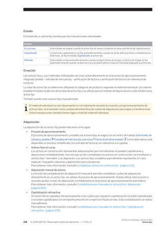 Estado 
El estado de un activo fijo cambia para las transacciones individuales. 
Estado 
En proceso Este estado se asigna cuando el activo fijo es nuevo y todavía no tiene una fecha de capitalización. 
Capitalizado La fecha de capitalización se fija automáticamente cuando se da de alta la primera contabilización. 
Entonces, se fija el estado Capitalizado al activo fijo. 
Retirado Este estado se fija automáticamente cuando se fija la fecha de la baja. La fecha de la baja se fija 
automáticamente cuando se elimina o se cancela el último material individual asignado al activo fijo. 
Creación 
Los activos fijos y sus materiales individuales se crean automáticamente en el proceso de aprovisionamiento 
integrado (pedido - entrada de mercancías - verificación de factura o verificación de factura sin referencia de 
compra). 
La clase de activo fijo se determina utilizando la categoría de producto asignada al material individual. Los valores 
predeterminados se derivan de la clase de activo fijo y se utilizan para el método de depreciación y vida útil del nuevo 
activo fijo. 
También puede crear activos fijos manualmente. 
El material individual no solo desempeña un rol importante durante la creación y el aprovisionamiento de 
activos fijos, sino también como unidad administrativa de costes de adquisición para bajas y transferencias. 
Estas transacciones siempre tienen lugar a nivel de material individual. 
Adquisición 
La adquisición de un activo fijo puede indicarse como sigue: 
● Proceso de aprovisionamiento 
El proceso de aprovisionamiento completo de activos fijos se asigna con el centro de trabajo Solicitudes de 
compra y pedidos Entradas de mercancías y servicios Facturación de proveedor . Como alternativa, está 
disponible un proceso simplificado con entrada de facturas sin referencia a un pedido. 
● Activos fijos en curso 
Los activos en construcción representan adquisiciones que normalmente no pueden capitalizarse y 
depreciarse inmediatamente. Una vez que se han completado los activos en construcción, se transfieren a 
activos fijos "normales" y se deprecian. Los activos fijos completos parcialmente representan un caso 
especial. Ya pueden valorarse y depreciarse para uso parcial. 
Para obtener más información, consulte Contabilizar activos en construcción [página 231]. 
● Adquisición manual de activos 
La función de contabilización de adquisición manual le permite contabilizar costes de adquisición 
directamente en un activo fijo, sin utilizar el proceso de aprovisionamiento. Puede utilizar esta función si 
necesita ajustar costes de adquisición contabilizados en el proceso de aprovisionamiento automático. 
Para obtener más información, consulte Contabilizaciones manuales en activos fijos: Adquisición 
[página 269]. 
● Capitalización retroactiva 
Un activo fijo se capitaliza retroactivamente si los costes que requieren capitalización no están capitalizados 
o no están capitalizados con el importe prescrito en un ejercicio fiscal cerrado. Esta contabilización se realiza 
manualmente. 
Para obtener más información, consulte Contabilizaciones manuales en activos fijos: Capitalización 
retroactiva [página 270]. 
218 © 2014 SAP AG. Reservados todos los derechos. • P U B L I C 
SAP Business ByDesign, febrero de 2014 
Activos fijos 
 