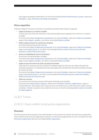 Para asignar aprobadores alternativos: En el centro de trabajo Gestión de aplicaciones y usuarios, seleccione 
Utilidades y, luego, Distribución del trabajo de empleados. 
Otros requisitos 
Si desea configurar Finanzas en el sistema, es posible que también deba realizar lo siguiente: 
● Asigne la empresa a un sistema contable 
Una vez que cree y active las empresas, cada empresa deberá estar asignada como mínimo a un sistema 
contable. 
En el centro de trabajo Configuración empresarial, en la vista Actividades, seleccione Todas las actividades, 
luego, la fase Integrar y ampliar y, por último, la actividad Sistema contable. 
● Defina la determinación de cuentas de la empresa 
Esto debe efectuarse para cada empresa. 
En el centro de trabajo Configuración empresarial, en la vista Actividades, seleccione Todas las actividades, 
luego, la fase Ajuste preciso y, por último, las actividades Plan de cuentas, Estructuras de informes 
financieros y Determinación de cuentas. 
● Active la contabilidad de centros de beneficio 
Se activa en el nivel del sistema contable. 
En el centro de trabajo Configuración empresarial, en la vista Actividades, seleccione Todas las actividades, 
luego, la fase Integrar y ampliar y, por último, la actividad Sistema contable. 
● Asigne los tipos de centros de coste a las áreas funcionales 
Esta relación es necesaria para las cuentas de resultados según las funciones de análisis de ganancias 
obtenidas y de gastos. Un requisito previo para esta asignación es la definición de áreas funcionales y de tipos 
de centros de coste. 
En el centro de trabajo Configuración empresarial, en la vista Actividades, seleccione Todas las actividades, 
luego, la fase Ajuste preciso y, por último, las actividades Parametrizaciones para cuentas de resultado y 
Definición de tipos de centros de coste. 
● Defina los recursos 
Los recursos son necesarios para la confirmación de tiempo y de actividad. 
En el centro de trabajo Gastos e ingresos, seleccione la vista Datos maestros y asignaciones y, luego, la 
subvista Recursos. Aquí puede crear nuevos recursos con referencia a un centro de coste o editar recursos 
existentes. También se pueden crear y editar los recursos en el centro de trabajo Datos maestros de diseño 
de cadena logística. 
2.1.8.3 Tareas 
2.1.8.3.1 Crear y editar la estructura organizativa 
Resumen 
Esta descripción de tarea lo guiará como administrador en los procesos de creación de la estructura organizativa 
inicial o edición de la estructura organizativa existente. Las estructuras organizativas se crean o se editan en la vista 
Estructuras organizativas del centro de trabajo Gestión organizativa. 
22 © 2014 SAP AG. Reservados todos los derechos. • P U B L I C 
SAP Business ByDesign, febrero de 2014 
Conceptos básicos 
 