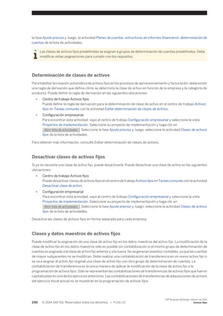 la fase Ajuste preciso y, luego, la actividad Planes de cuentas, estructuras de informes financieros, determinación de 
cuentas de la lista de actividades. 
Las clases de activos fijos predefinidas se asignan a grupos de determinación de cuentas predefinidos. Debe 
modificar estas asignaciones para cumplir con los requisitos. 
Determinación de clases de activos 
Para habilitar la creación automática de activos fijos en los procesos de aprovisionamiento y facturación, debe existir 
una regla de derivación que defina cómo se determina la clase de activo en función de la empresa y la categoría de 
producto. Puede definir la regla de derivación en las siguientes ubicaciones: 
● Centro de trabajo Activos fijos 
Puede definir la regla de derivación para la determinación de clase de activo en el centro de trabajo Activos 
fijos en Tareas comunes con la actividad Editar determinación de clases de activos. 
● Configuración empresarial 
Para encontrar esta actividad, vaya al centro de trabajo Configuración empresarial y seleccione la vista 
Proyectos de implementación. Seleccione su proyecto de implementación y haga clic en 
Abrir lista de actividades . Seleccione la fase Ajuste preciso y, luego, seleccione la actividad Clases de activos 
fijos de la lista de actividades. 
Para obtener más información, consulte Editar determinación de clases de activos. 
Desactivar clases de activos fijos 
Si ya no necesita una clase de activo fijo, puede desactivarla. Puede desactivar una clase de activo en las siguientes 
ubicaciones: 
● Centro de trabajo Activos fijos 
Puede desactivar clases de activos fijos en el centro de trabajo Activos fijos en Tareas comunes con la actividad 
Desactivar clase de activo. 
● Configuración empresarial 
Para encontrar esta actividad, vaya al centro de trabajo Configuración empresarial y seleccione la vista 
Proyectos de implementación. Seleccione su proyecto de implementación y haga clic en 
Abrir lista de actividades . Seleccione la fase Ajuste preciso y, luego, seleccione la actividad Clases de activos 
fijos de la lista de actividades. 
Desactive las clases de activos fijos en forma separada para cada empresa. 
Clases y datos maestros de activos fijos 
Puede modificar la asignación de una clase de activo fijo en los datos maestros del activo fijo. La modificación de la 
clase de activo fijo en los datos maestros sólo es posible sin contabilización si el mismo grupo de determinación de 
cuentas es asignado a la clase de activo fijo anterior y a la nueva. No se generan asientos contables, ya que las cuentas 
de mayor subyacentes no se modifican. Debe realizar una contabilización de transferencia en un nuevo activo fijo si 
se va a asignar al activo fijo original una clase de activo fijo con otro grupo de determinación de cuentas. La 
contabilización de transferencia es la única manera de aplicar la modificación de la clase de activo fijo a la 
programación de activos fijos. Solo se representan las contabilizaciones de transferencias de activos fijos que fueron 
capitalizadas en uno de los ejercicios anteriores. Las contabilizaciones de transferencias de adquisiciones de activos 
del ejercicio fiscal actual no se muestran en la programación de activos fijos. 
230 © 2014 SAP AG. Reservados todos los derechos. • P U B L I C 
SAP Business ByDesign, febrero de 2014 
Activos fijos 
 